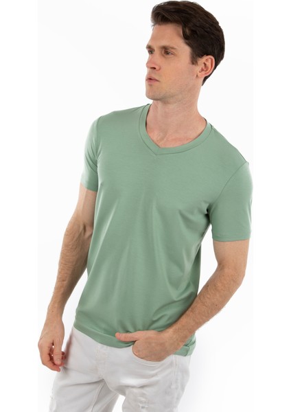 - V Yaka Kısa Kollu Likralı Viskon Erkek T-Shirt fırsatları