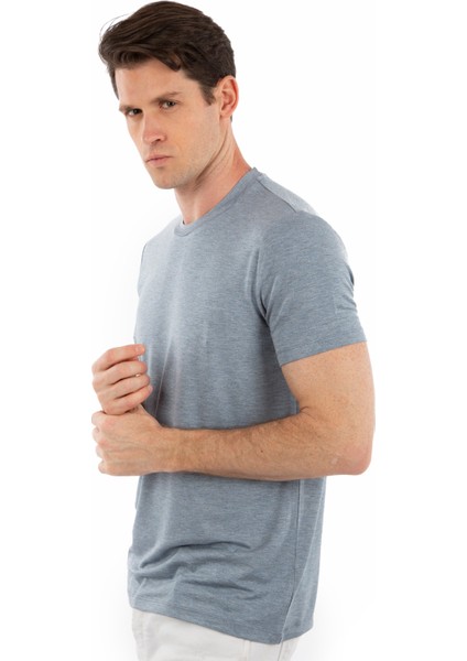 -Bisiklet Yaka Kısa Kollu Likralı Viskon Erkek T-Shirt