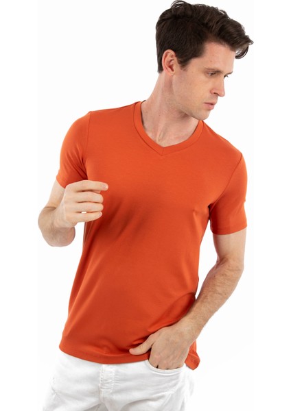 - V Yaka Kısa Kollu Likralı Viskon Erkek T-Shirt