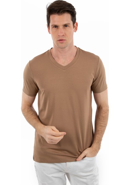 - V Yaka Kısa Kollu Likralı Viskon Erkek T-Shirt