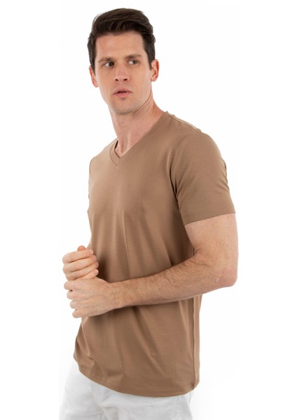 - V Yaka Kısa Kollu Likralı Viskon Erkek T-Shirt modelleri