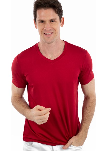 - V Yaka Kısa Kollu Likralı Viskon Erkek T-Shirt
