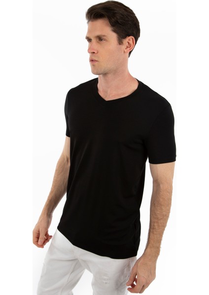 - V Yaka Kısa Kollu Likralı Viskon Erkek T-Shirt modelleri