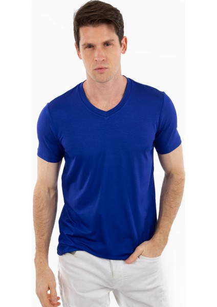 - V Yaka Kısa Kollu Likralı Viskon Erkek T-Shirt