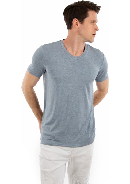 - V Yaka Kısa Kollu Likralı Viskon Erkek T-Shirt