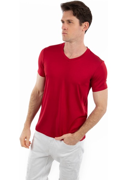 - V Yaka Kısa Kollu Likralı Viskon Erkek T-Shirt