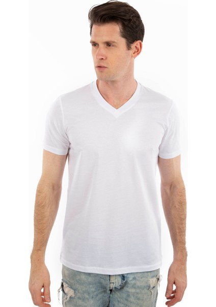 - V Yaka Kısa Kollu Likralı Viskon Erkek T-Shirt