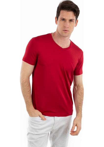 - V Yaka Kısa Kollu Likralı Viskon Erkek T-Shirt