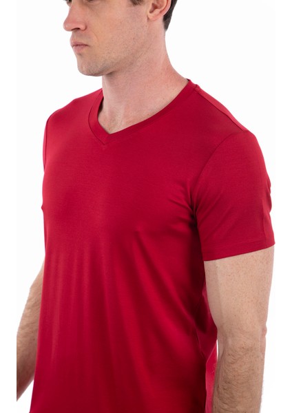 - V Yaka Kısa Kollu Likralı Viskon Erkek T-Shirt