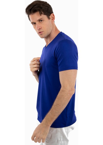- V Yaka Kısa Kollu Likralı Viskon Erkek T-Shirt
