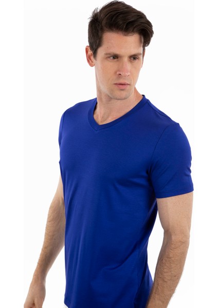 - V Yaka Kısa Kollu Likralı Viskon Erkek T-Shirt