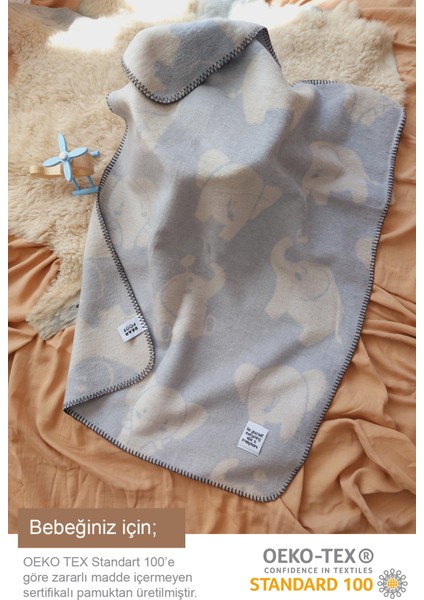 Oeko-Tex Sertifikalı Organik Pamuk Sevimli Fil Desenli Çift Taraflı Bebek Battaniyesi 75 x 100 cm