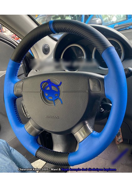 Chevrolet Kalos Araca Özel Direksiyon Kılıfı (Mavi Deri Karbon)