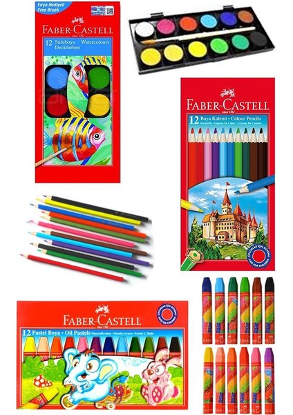 Öğrenci Boyama Seti 3 Lü Faber 12 Renk Sulu Boya Kuru Boya Pastel Boya 12'li Boya Set Faber Castell Okul Sınıf