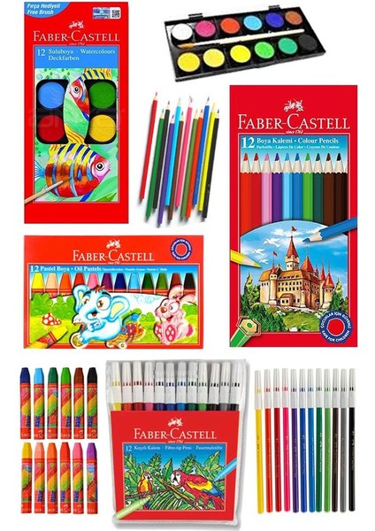 Öğrenci Boyama Seti 4 Lü Faber 12 Renk Sulu Boya Kuru Boya Pastel Boya Keçeli Kalem 12'li Boya Set Faber Castell Okul Sınıf