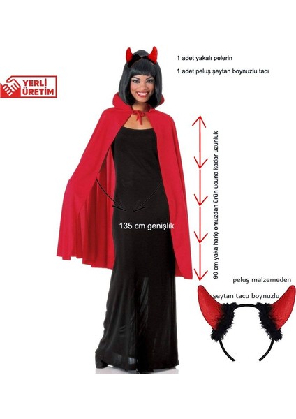 Halloween Kırmızı Renk 90 cm Yakalı Şeytan Pelerini Seti Bayan Erkek Yetişkin