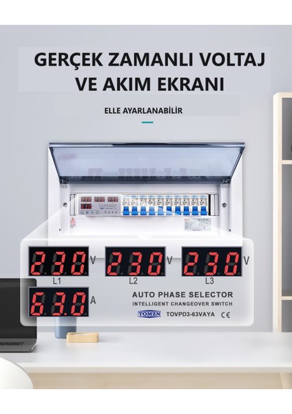 Otomatik Faz Seçici ve Yüksek Alçak Voltaj Akım Koruma Rölesi 63A Dahili Kontaktör