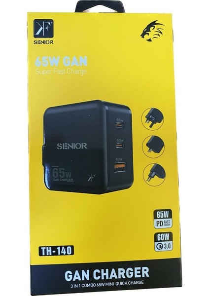 Senıor TH-140 65 Watt USB + Çift Type-C Üç Çıkış Ev Tipi Şarj Başlık