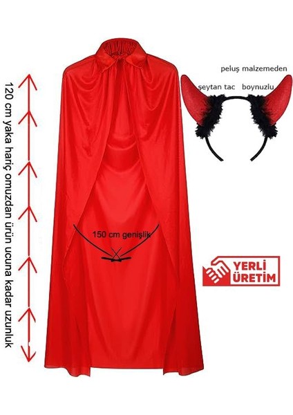 Halloween Kırmızı Renk 120 cm Yakalı Şeytan Pelerini Seti Bayan Erkek Yetişkin