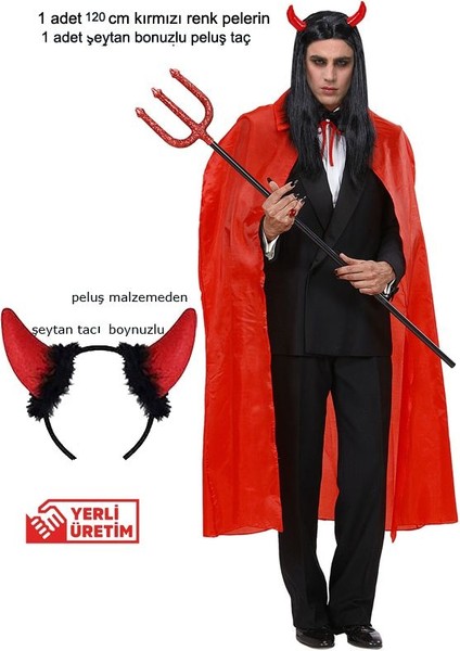 Halloween Kırmızı Renk 120 cm Yakalı Şeytan Pelerini Seti Bayan Erkek Yetişkin fiyatları
