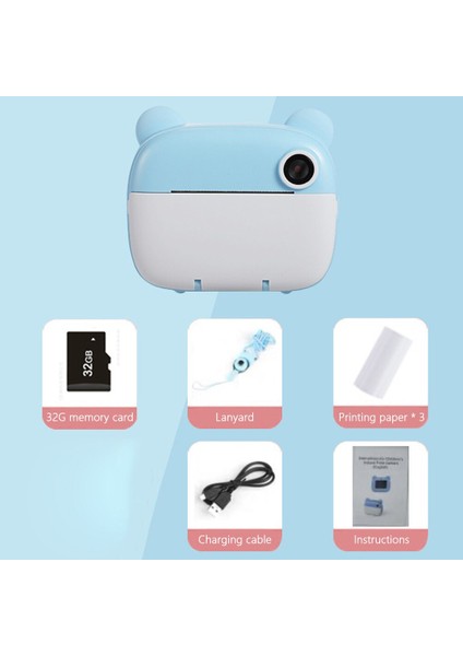 Anlık Termal Yazıcılı Dijital Çocuk Kamerası Kulaklı 2.4 Inç Hd Photo Printer Camera Mavi modelleri