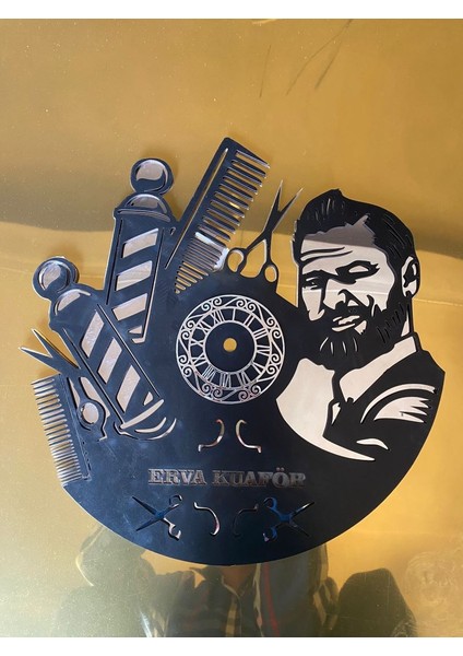 Kuaför Berber Temalı Dekoratif Ahşap Plexi Ayna Duvar Saati 40X40
