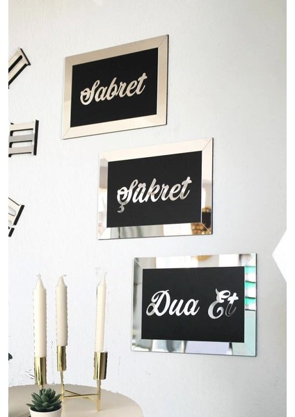 Sabret Şükret Dua Et Duvar Tablosu 3'lü Set Gümüş-Siyah