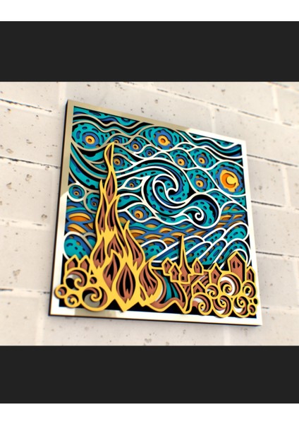 Dekoratif Ahşap Katmanlı Van Gogh Yıldızlı Gece Duvar Süs