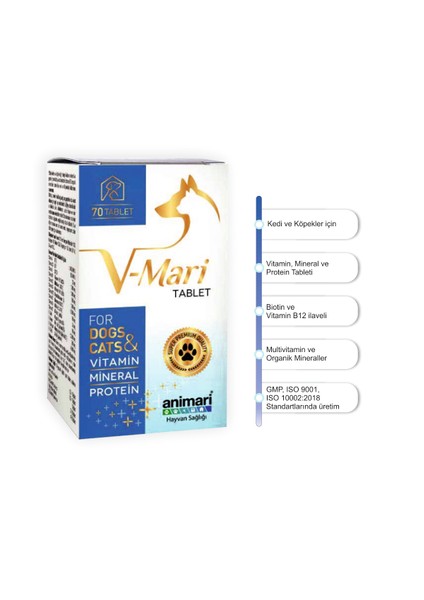 V Mari 70 Tablet Kedi ve Köpekler Için Vitamin  Mineral ve Pretein