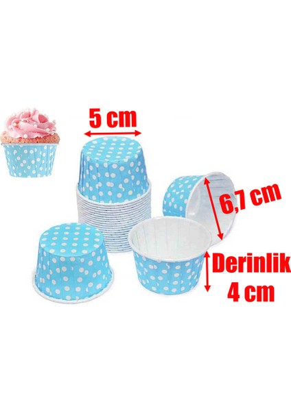 100 Adet Puantiyeli Mavi Büyük Boy Pet Kapsül Sufle Cupcake Muffin Kek Kalıbı (Ebat: 6,7 cm x 4 cm x 5 cm)