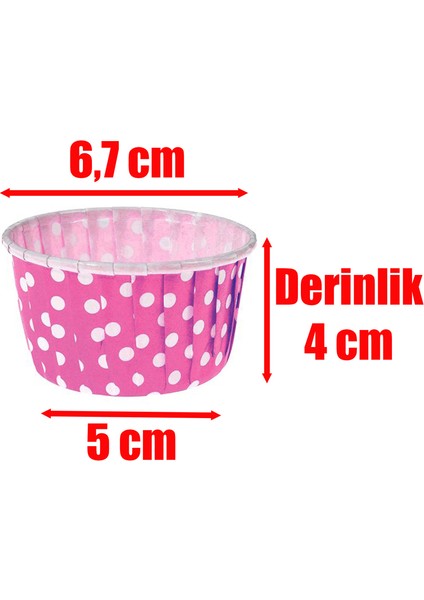 100 Adet Puantiyeli Pembe Büyük Boy Pet Kapsül Sufle Cupcake Muffin Kek Kalıbı (Ebat: 6,7 cm x 4 cm x 5 cm)