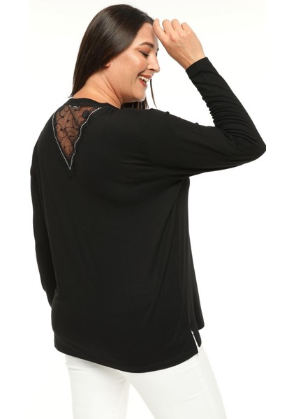 Kadın Büyük Beden Sırt Transparan Tül Detaylı Siyah Bluz