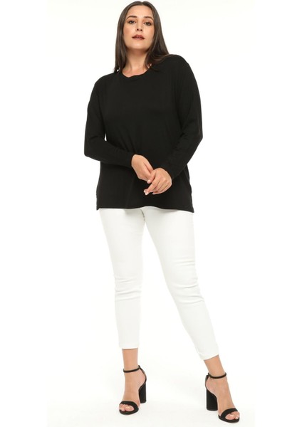 Kadın Büyük Beden Sırt Transparan Tül Detaylı Siyah Bluz modelleri