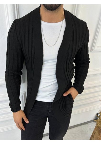 Hırka Örgülü Triko Desenli Şal Yaka Fit Örgü Hırka