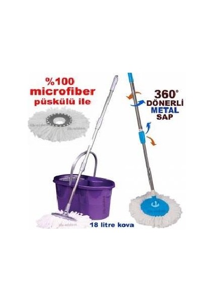 Dönerli Mop Temizlik Kovası Full Microfiber Temizlik Seti,dönerli Kova+Dönerli Sap+Mikrofiber Püskül