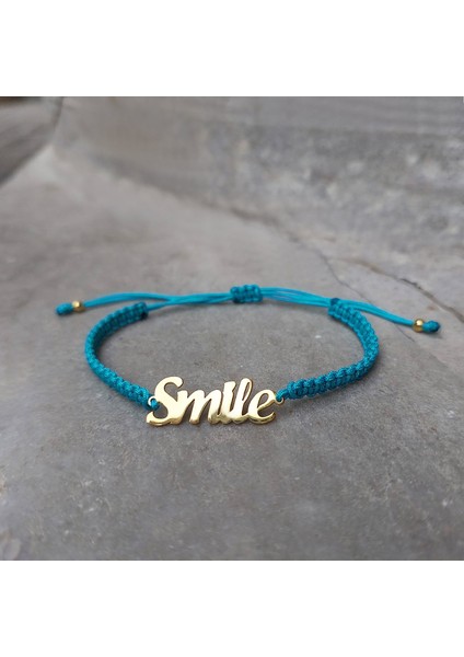 925 Ayar Gümüş Smile Yazılı Turkuaz Makrome Örgü Bileklik