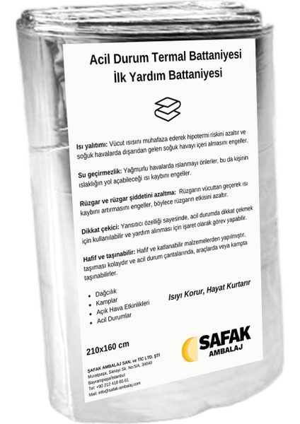 5 Adet Şafak Ambalaj Acil Durum Termal Battaniye Gümüş Renk Isı Yalıtımlı Soğuktan Koruma, Acil Durum Deprem, Şafak Ambalaj 200X130 cm