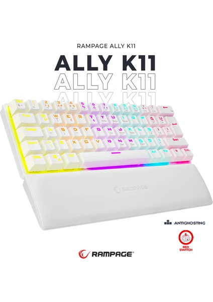 Ally K11 Beyaz 12 Işık Modlu Mekanik Antighosting Bilek Destekli Red Switch Gaming Oyuncu Klavyesi