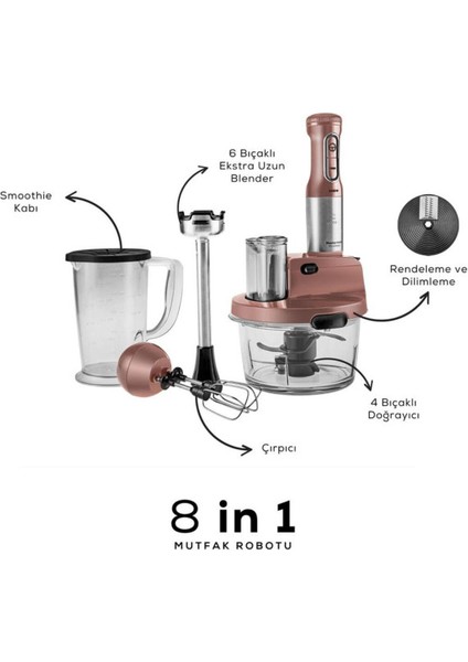 8 In 1 Mastermaid Prosteel Cam Hazneli 6 Bıçaklı Uzun Blender Ayaklı Mutfak Robotu 2500 W