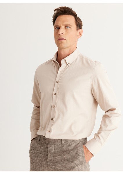 Slim Fit Düğmeli Yaka Bej Erkek Gömlek 4A2024100059 fiyatları