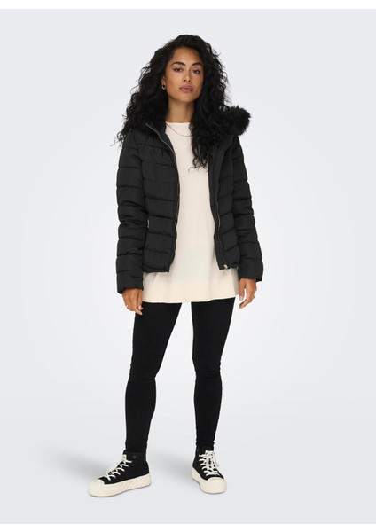 Siyah Kadın Mont Onlellan Quılted Hood Jacket cc Otw