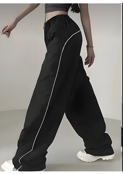 Y2K Harajuku Tek Biye Siyah Paraşüt Pantolon/eşofman Altı