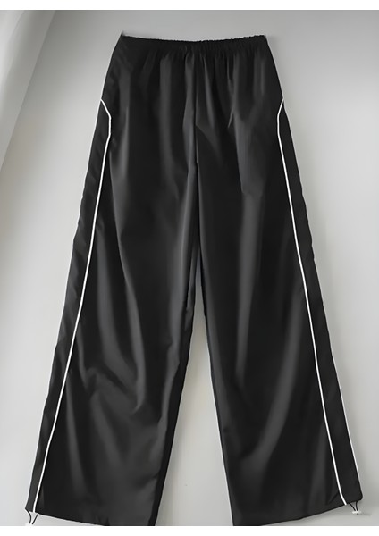 Y2K Harajuku Tek Biye Siyah Paraşüt Pantolon/eşofman Altı