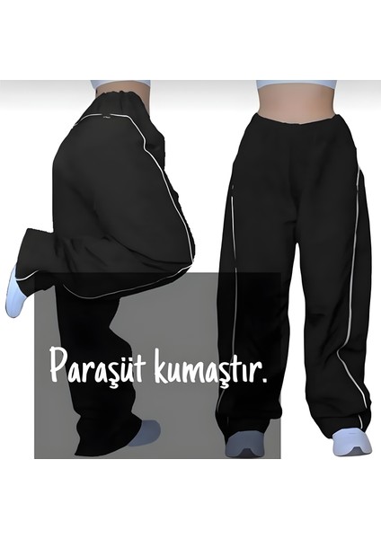 Y2K Harajuku Tek Biye Siyah Paraşüt Pantolon/eşofman Altı