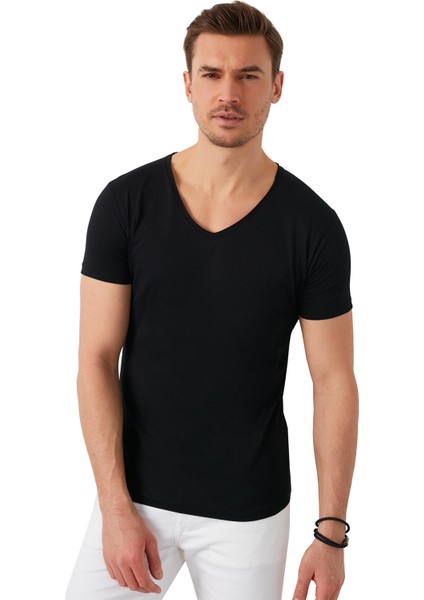 % 100 Pamuklu V Yaka Basic T Shirt Erkek T SHİRT 5412001