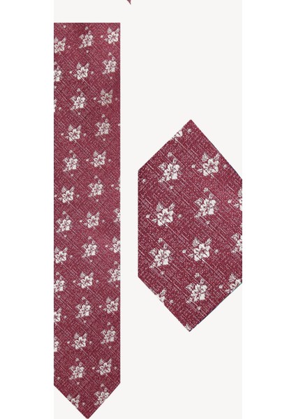 Erkek Bordo Çiçek Desen Kravat Mendil Set