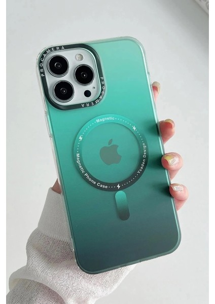 Grass Apple iPhone 14 Pro Uyumlu Gradyan Renkli Magsafe Kılıf Yeşil
