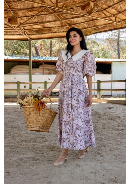 Vintage Yakalı Kahverengi Pastel Çiçekli Balon Kol Kloş Elbise fiyatları