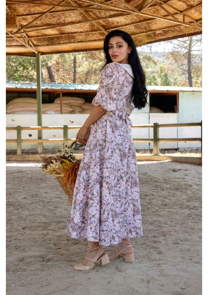 Vintage Yakalı Kahverengi Pastel Çiçekli Balon Kol Kloş Elbise modelleri