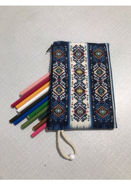 Etnik Otantik Kilim Deseni Tasarım Bez Kalemlik-Cüzdan